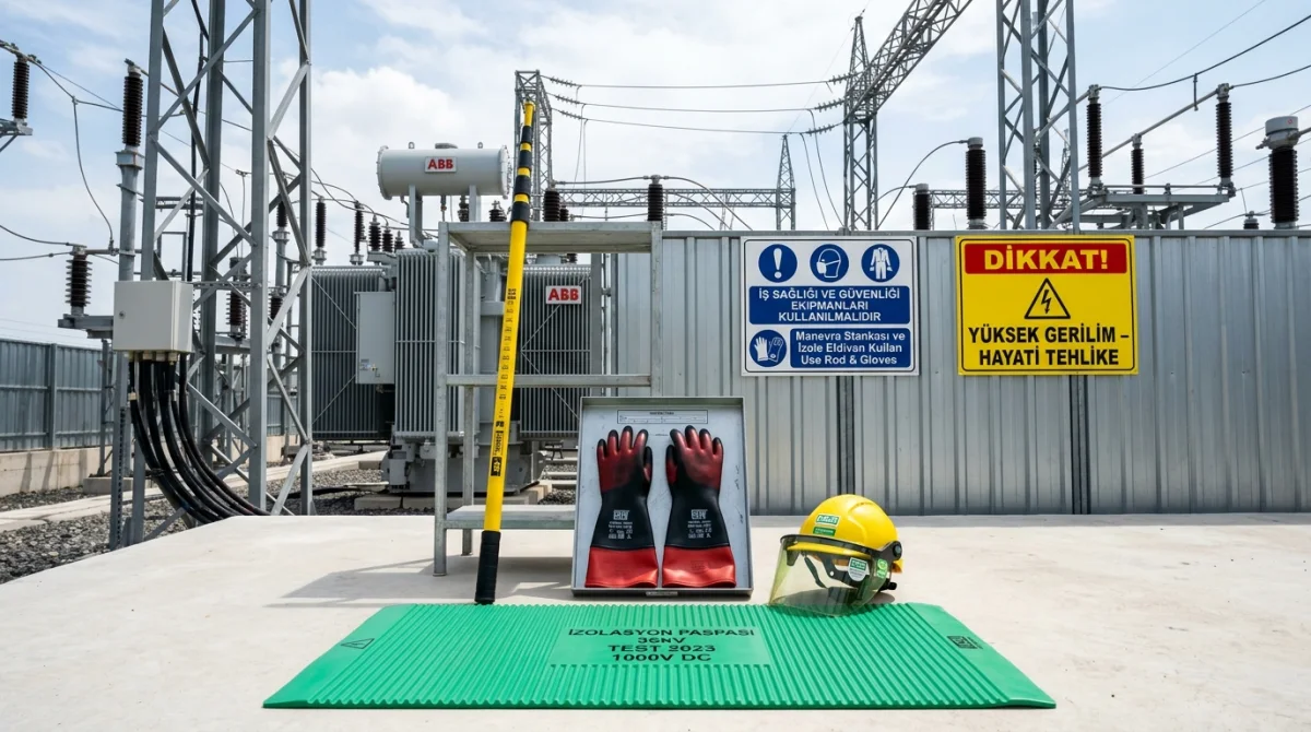 Yüksek gerilim trafo merkezinde bulunması gereken izole manevra stankası, 36kV izole eldiven, baret ve izole paspas donanımları